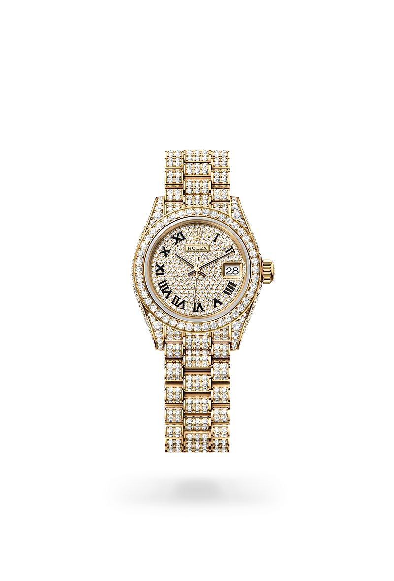 rolex lady-datejust in 18 ct yellow gold with case sides and lugs set with diamonds, m279458rbr-0001 - global watch company