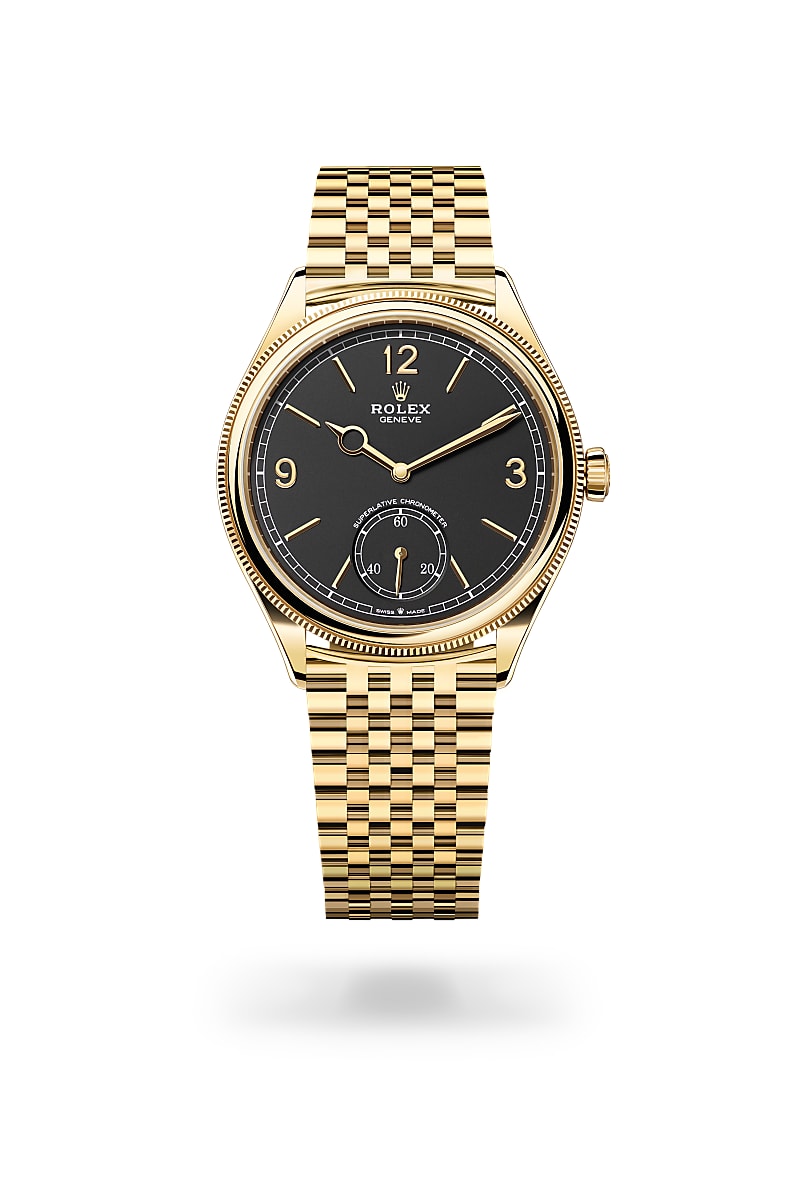 rolex 1908 gold watch with a black face