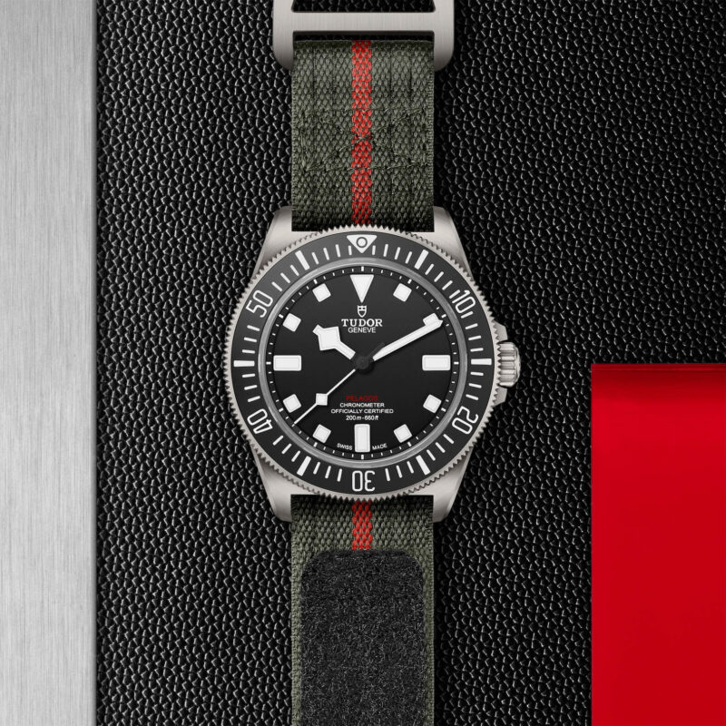 tudor M25717N-0001 watch with red and black nato strap.