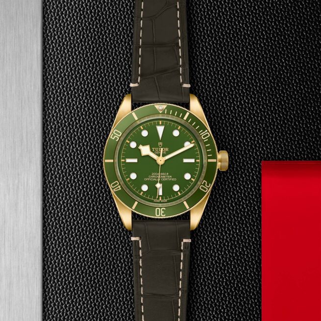 A tudor M79018V-0001 with a green dial on a black leather strap.