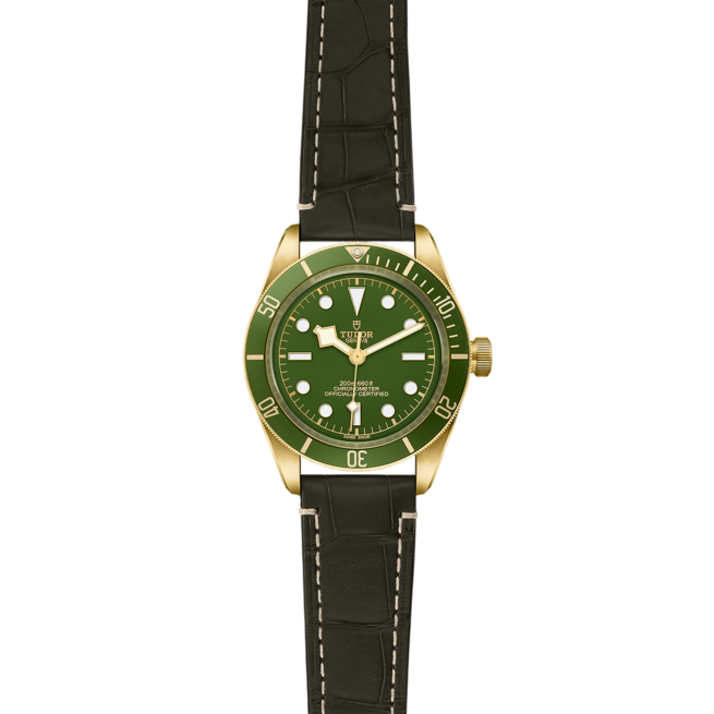 A tudor watch with green dial and black leather strap. M79018V-0001