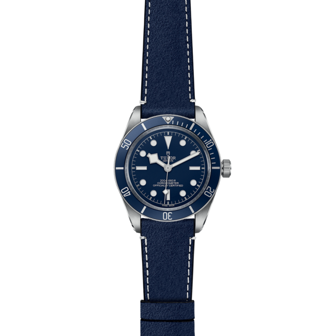 The M79030B-0002 watch with blue leather strap.