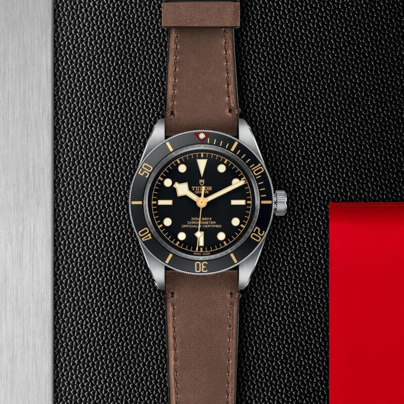 A M79030N-0002 on a red leather strap.