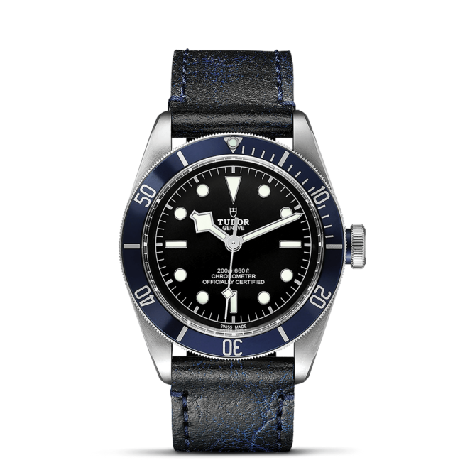 A tudor M79230B-0007 watch with blue leather strap.