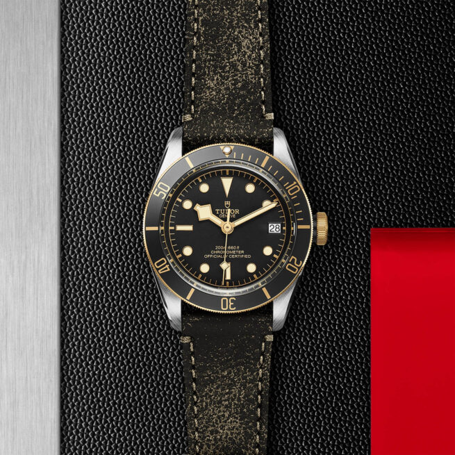 A M79733N-0007 on a black leather strap.