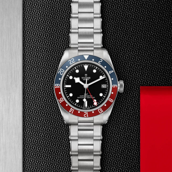 tudor M79830RB-0001 watch with red and blue dial.