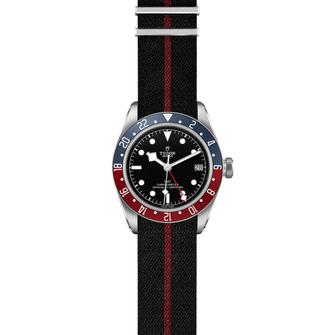 M79830RB-0003 black bay watch with red, white and blue dial.