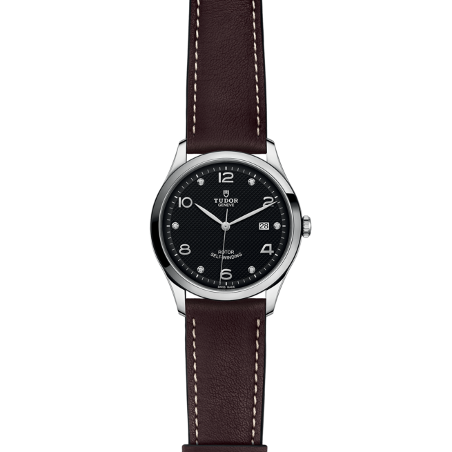 A watch with a brown leather strap (M91650-0009) on a black background.