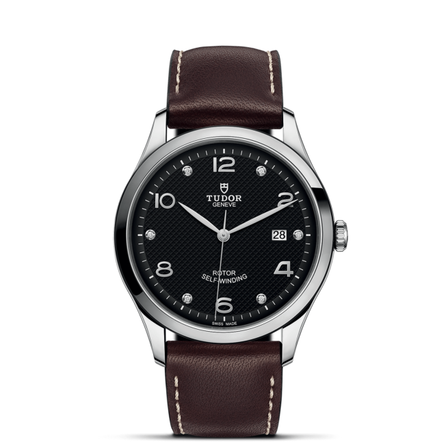 A watch with a M91650-0009 dial and brown leather strap.