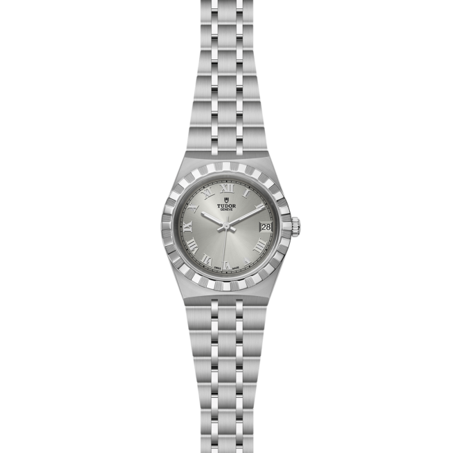A M28400-0001 watch with a silver bracelet on a black background.