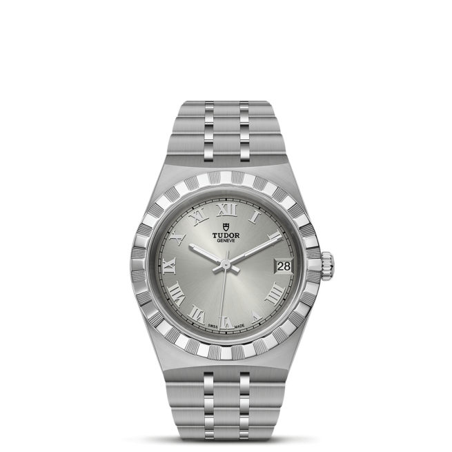 A M28400-0001 watch with roman numerals on a black background.