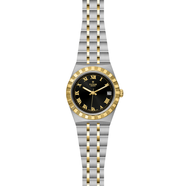 A women's watch M28403-0003 with a black dial and gold bracelet.