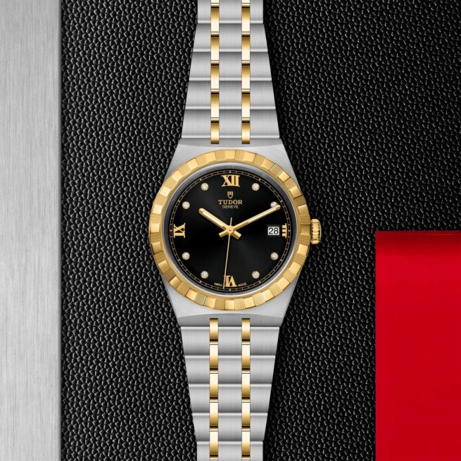A M28503-0004 watch on a red background.