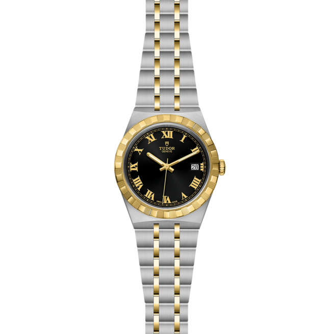 A black and gold M28503-0006 watch with roman numerals.