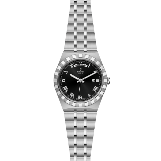 A M28600-0003 watch with black dials on a black background.