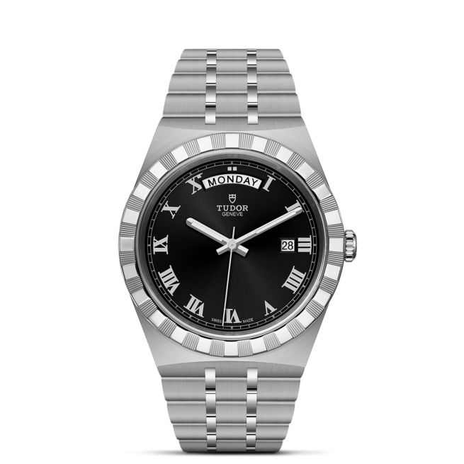 A men's M28600-0003 watch with roman numerals on a black background.