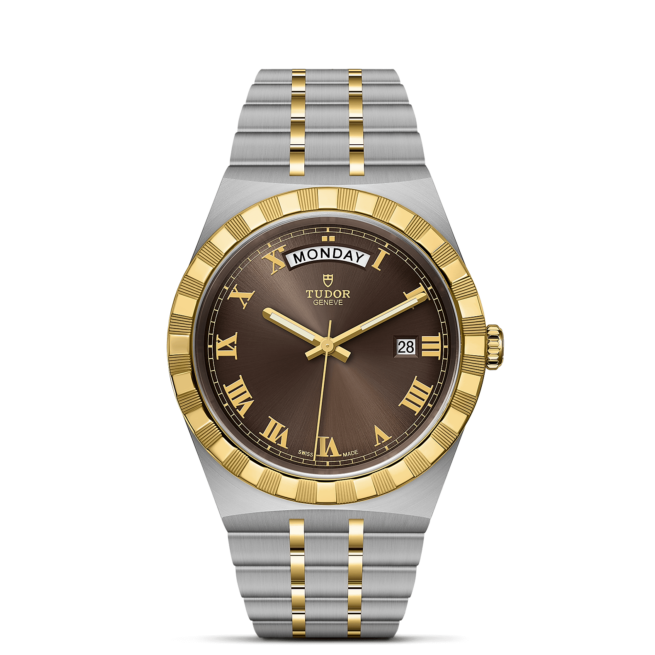 A brown and gold watch with roman numerals, M28603-0007.