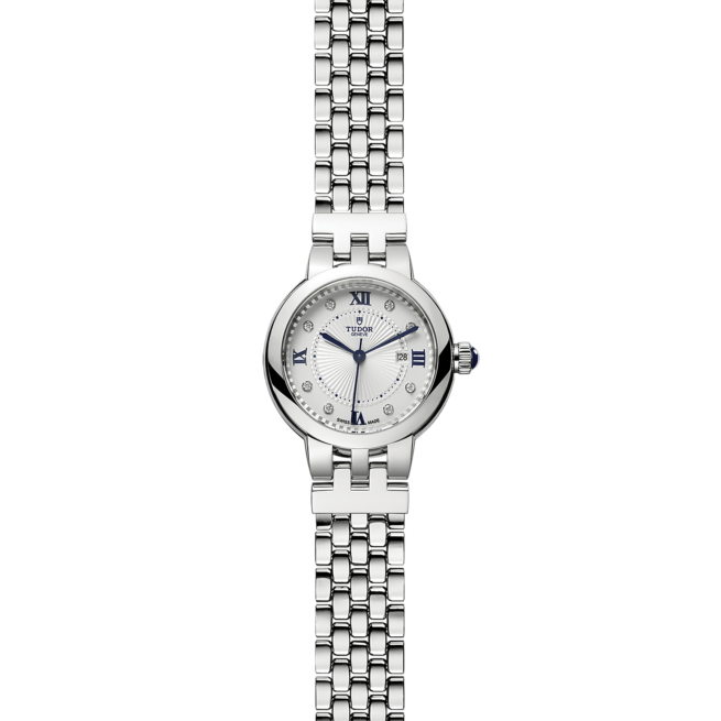 A women's watch M35500-0004 with blue dials on a black background.