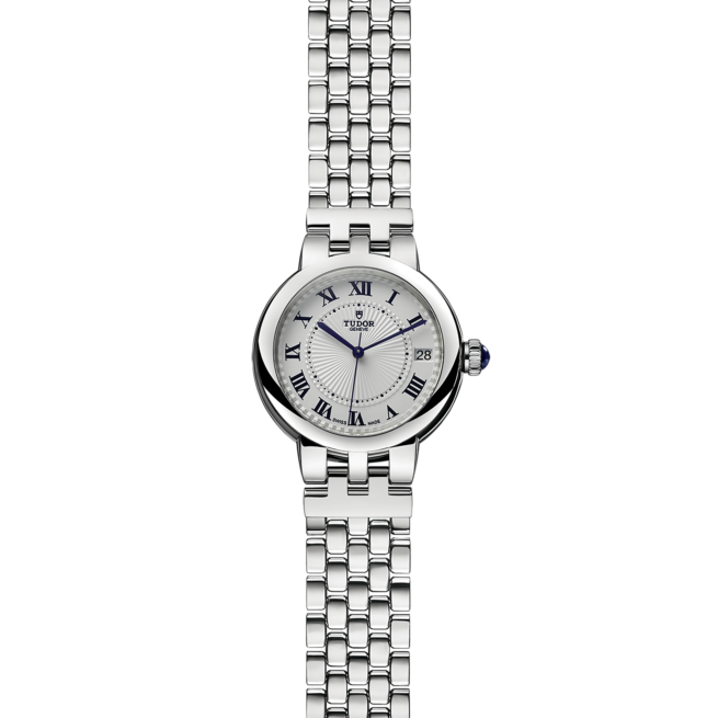 A women's watch M35800-0001 with a white dial on a black background.