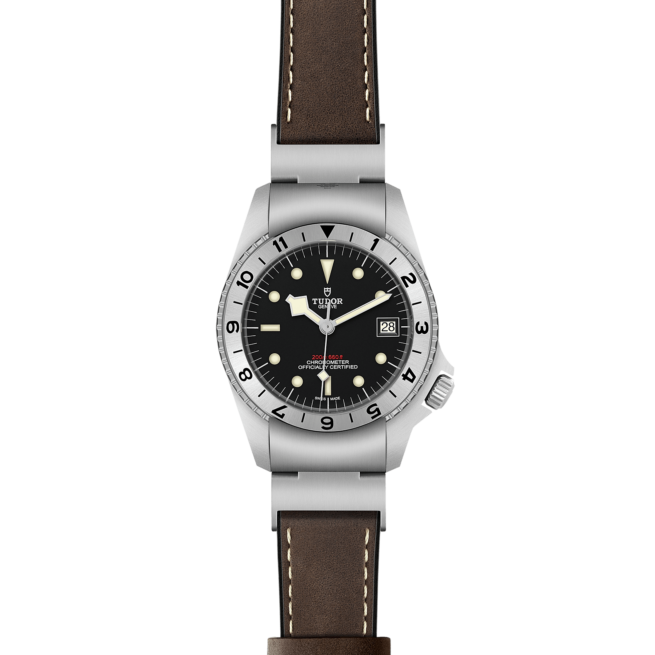 A M70150-0001 watch with a brown leather strap.