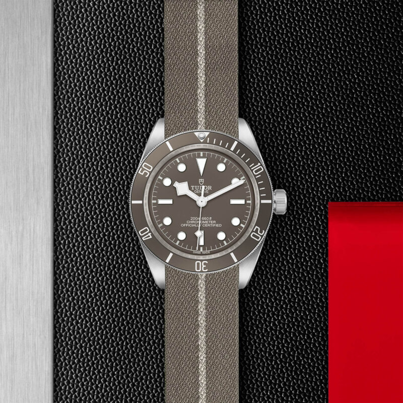 A M79010SG-0002 watch on a black leather strap.