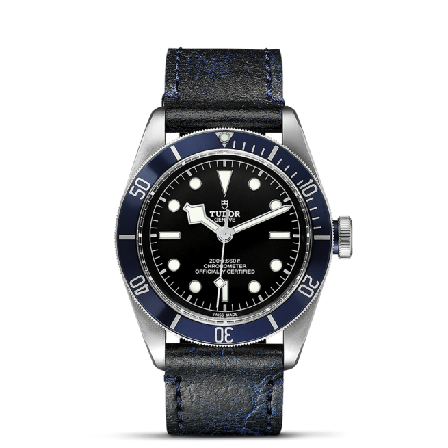 A tudor M79230B-0006 watch with blue leather strap.