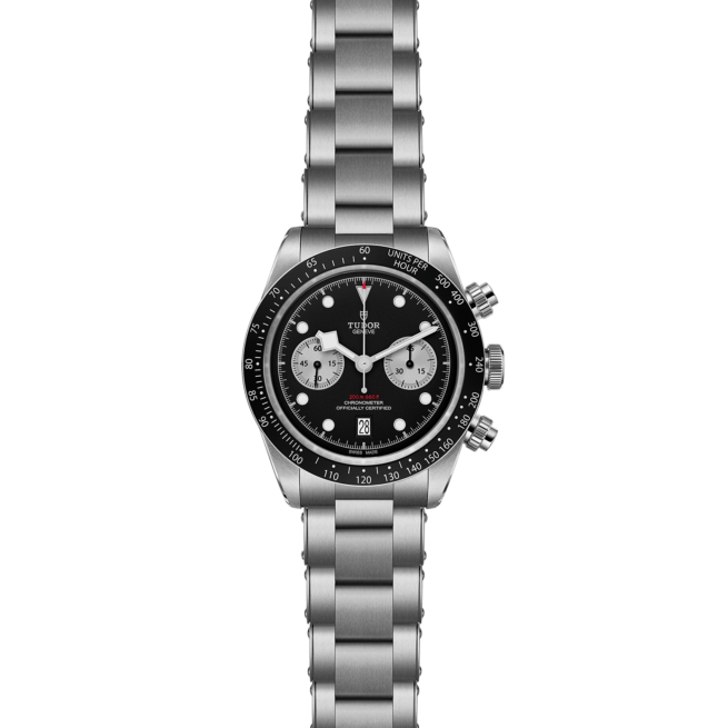 The M79360N-0001 chronograph watch on a black background.