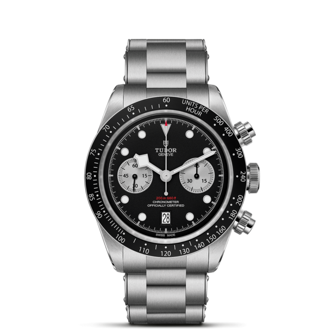 The M79360N-0001 chronograph watch on a black background.