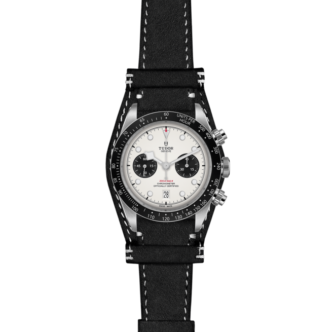 The M79360N-0005 chronograph is shown on a black background.