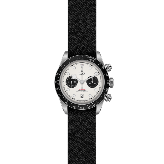A M79360N-0008 watch with a white dial and black strap.