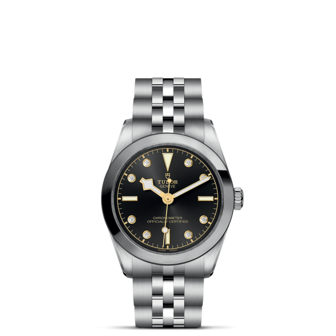 A M79600-0004 watch with a black dial and diamonds.