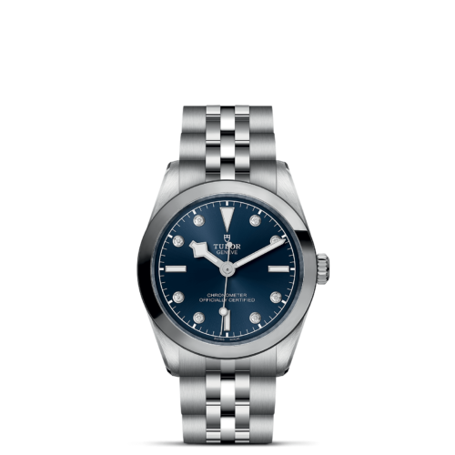 A M79600-0005 watch with blue dial and diamonds.