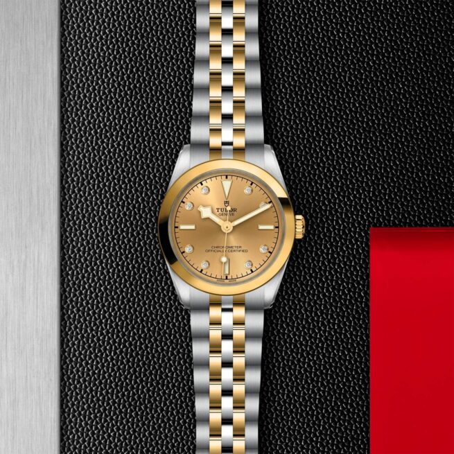 A Rolex ladies watch M79603-0008 on a red leather strap.