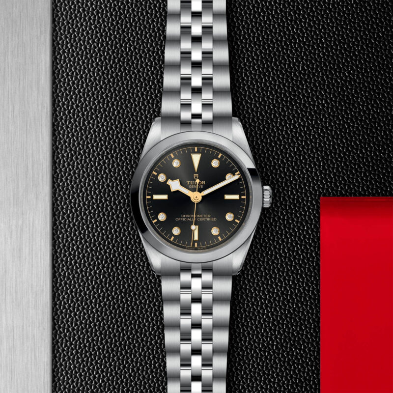 A tudor Black Bay M79640-0004 on a red leather strap.