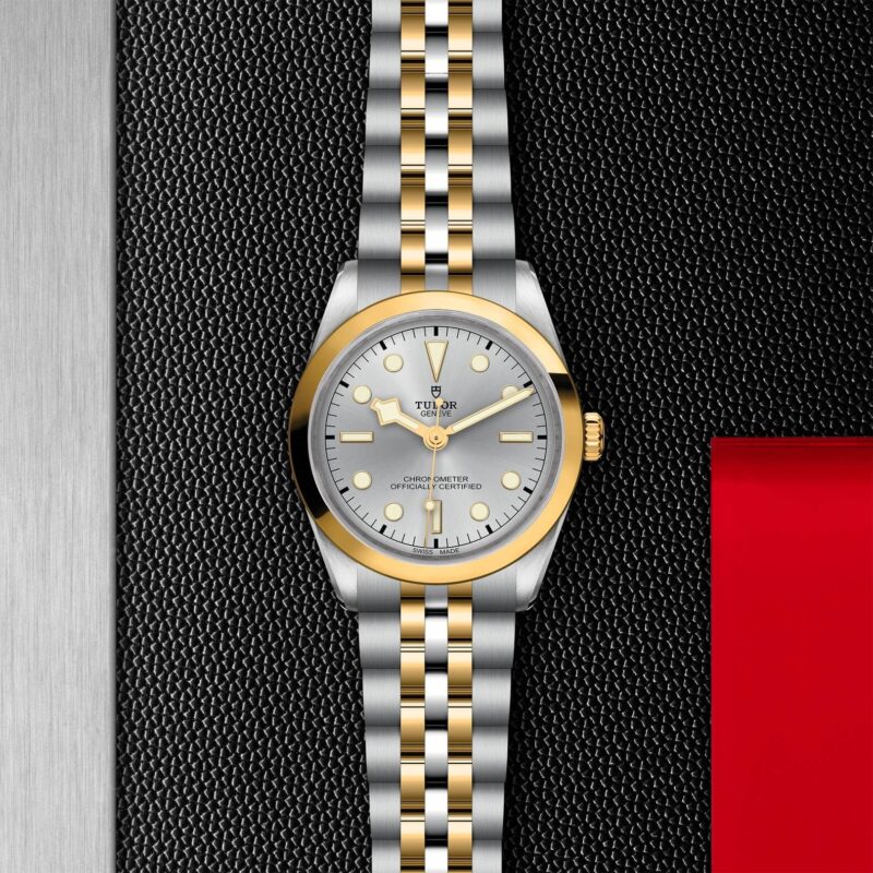 A M79643-0002 watch with a gold and silver dial.
