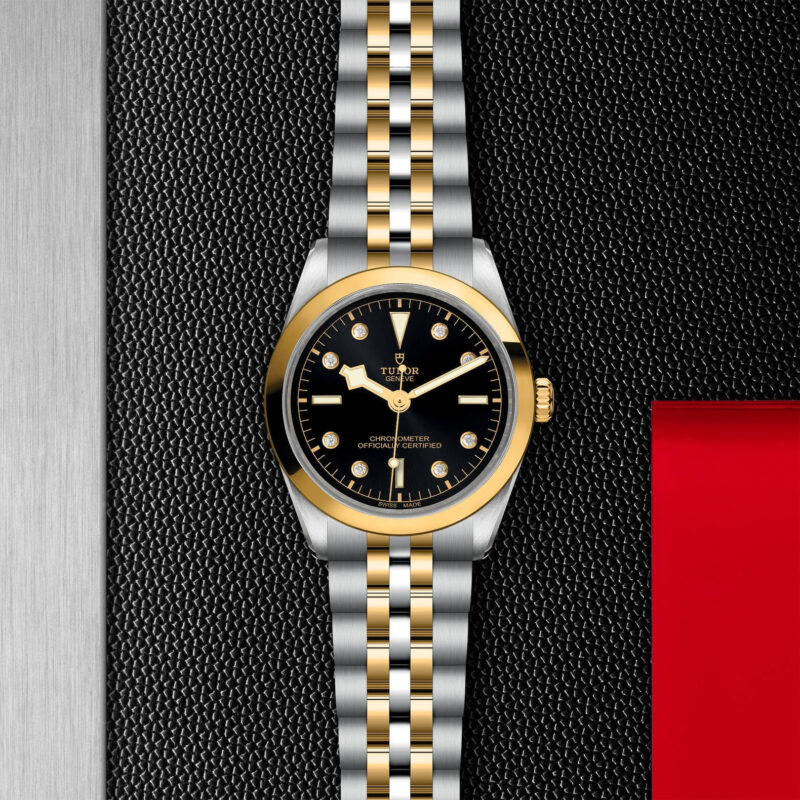 A M79643-0006 watch on a red background.