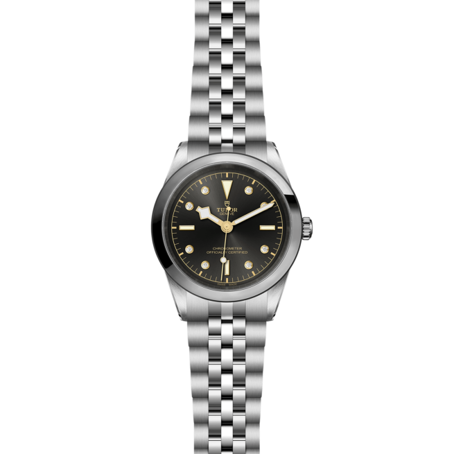 A M79680-0004 stainless steel watch with a black dial.