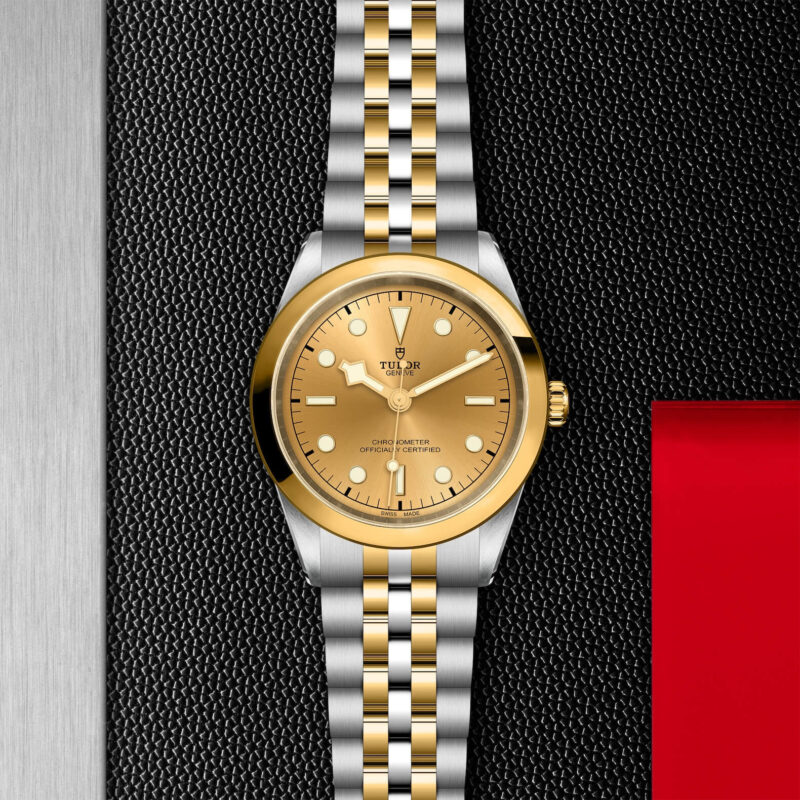 A gold and silver M79683-0005 watch on a black background.