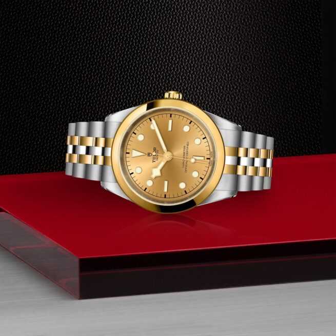 A M79683-0005 watch with a yellow dial on a red background.