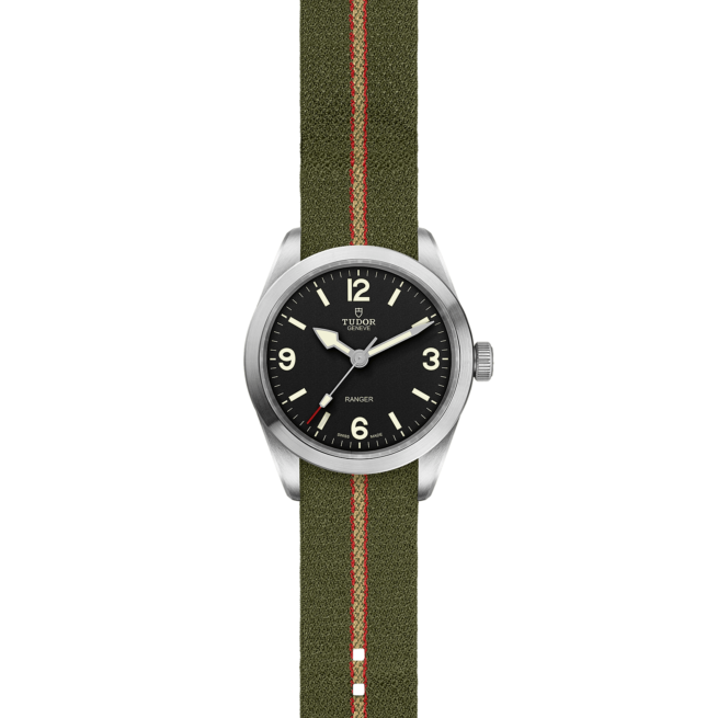 A M79950-0003 with a green strap on a black background.