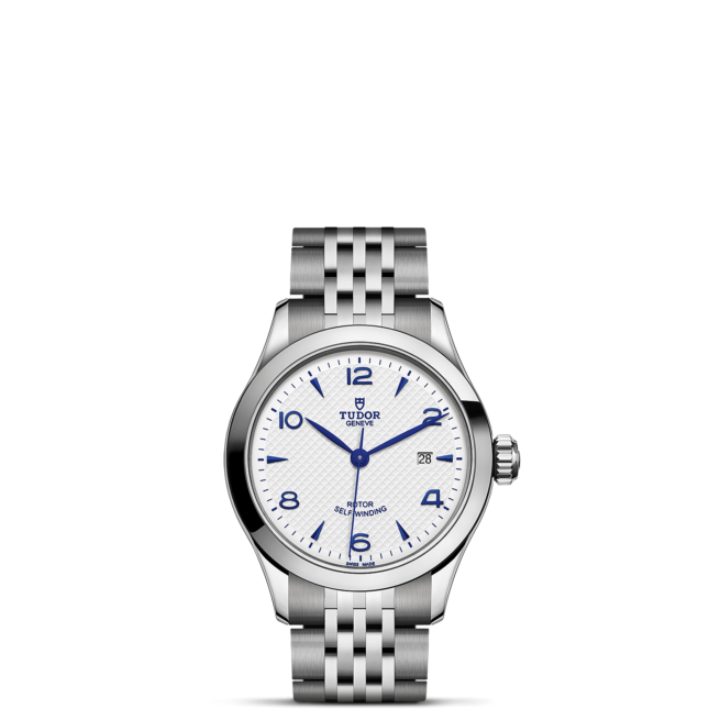 A M91350-0005 watch with blue dials on a black background.