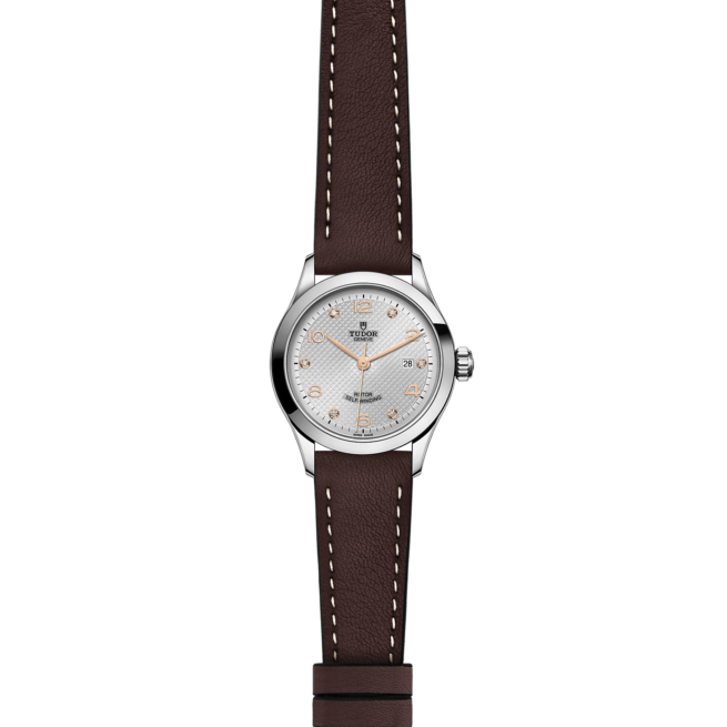 A women's watch with a brown leather strap. Product Name: M91350-0007