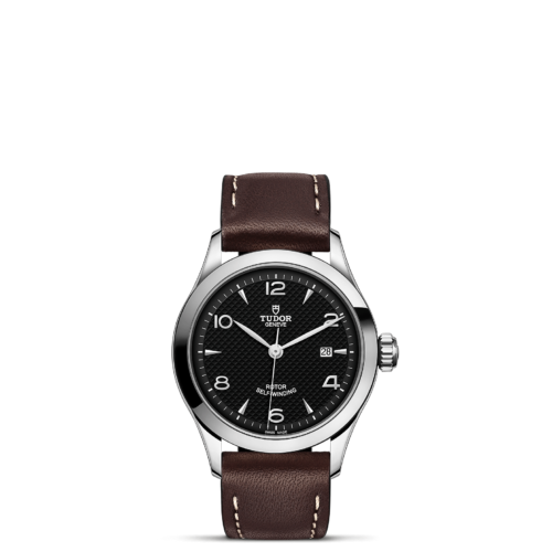 A M91350-0008 with brown leather straps on a black background.