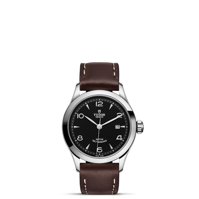 A M91350-0008 with brown leather straps on a black background.