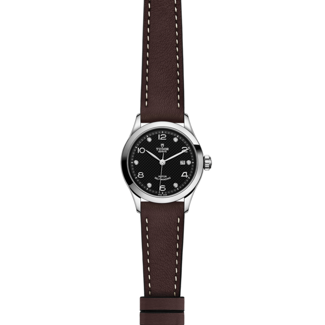 A watch with a M91350-0009 strap and black dial.