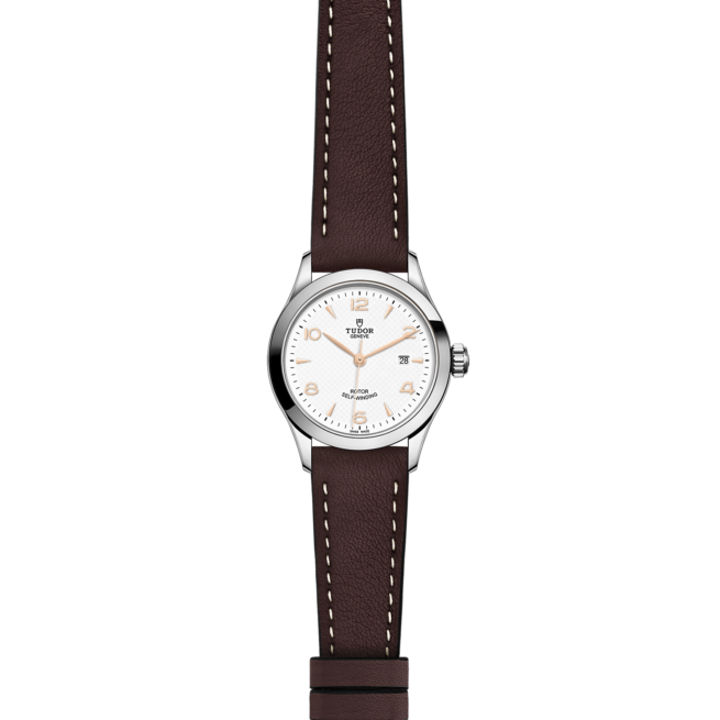 A women's watch with a brown leather strap, the M91350-0012.