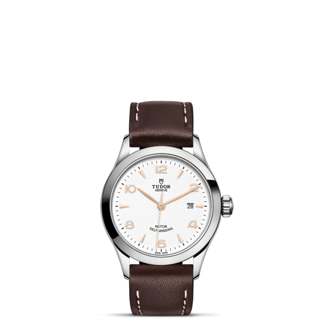 The M91350-0012 has a brown leather strap and white dial.