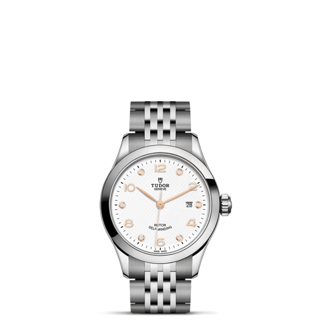 M91350-0013 lady's watch with a white dial on a black background.