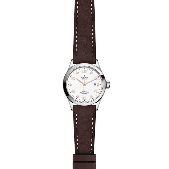 A women's watch with an M91350-0014 leather strap.