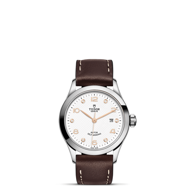 The M91350-0014 watch with brown leather straps on a white background.